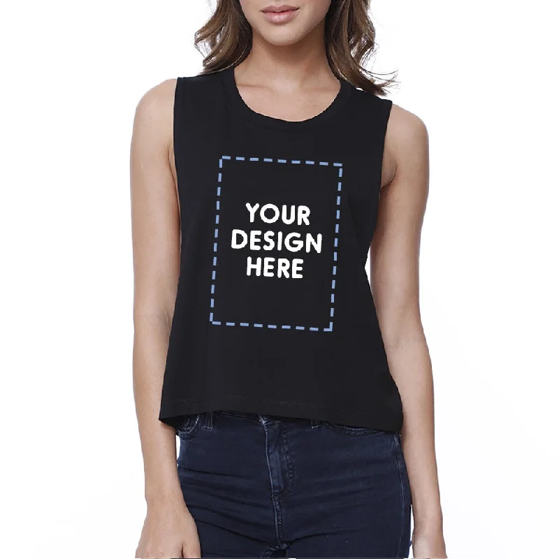Custom Personalized Womens Black Crop Top Denim Fabric Leather Fabric Suede Fabric