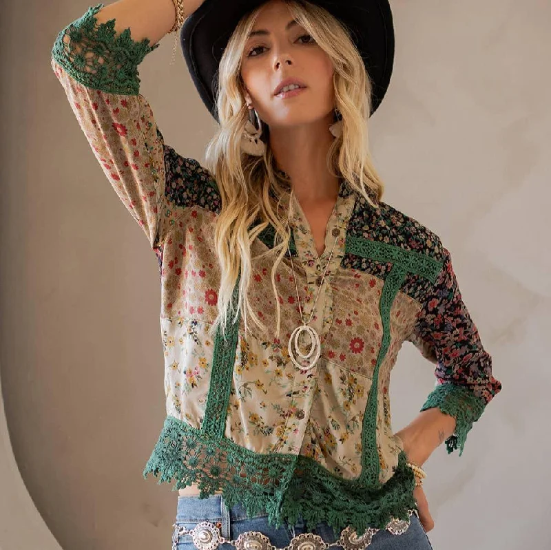 Lace Detailed Button Down Cropped Boho Cowgirl Shirt Lace Blend Ribbed Blend Corduroy Blend Lace Detailed Button Down Cropped Boho Cowgirl Shirt Lace Blend Ribbed Blend Corduroy Blend