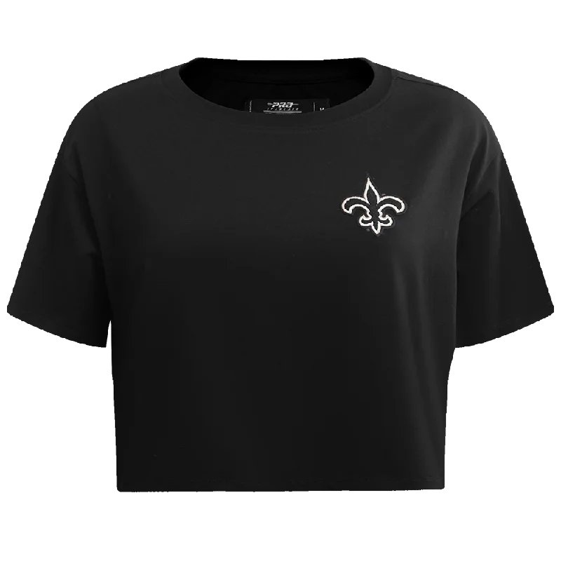 NFL NEW ORLEANS SAINTS CLASSIC WOMEN'S SJ BOXY TEE (BLACK) Hooded Caped Shawl Collar NFL NEW ORLEANS SAINTS CLASSIC WOMEN'S SJ BOXY TEE (BLACK) Hooded Caped Shawl Collar