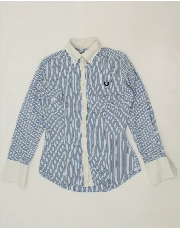 FRED PERRY Womens Shirt UK 12 Medium Blue Striped Cotton Mesh Blend Leather Blend Suede Blend FRED PERRY Womens Shirt UK 12 Medium Blue Striped Cotton Mesh Blend Leather Blend Suede Blend