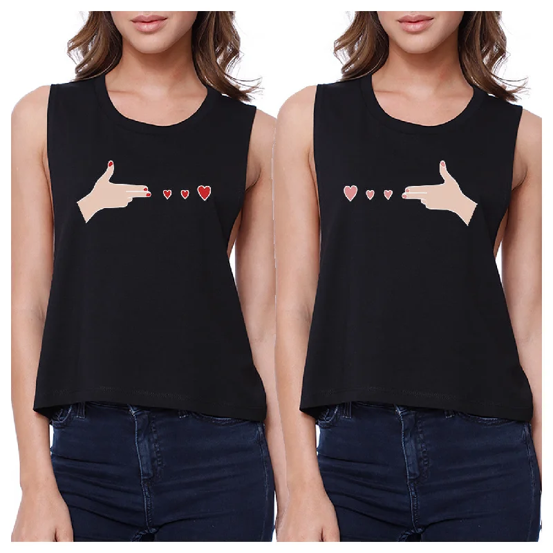 Gun Hands With Hearts BFF Matching Black Crop Tops Striped Floral Plaid