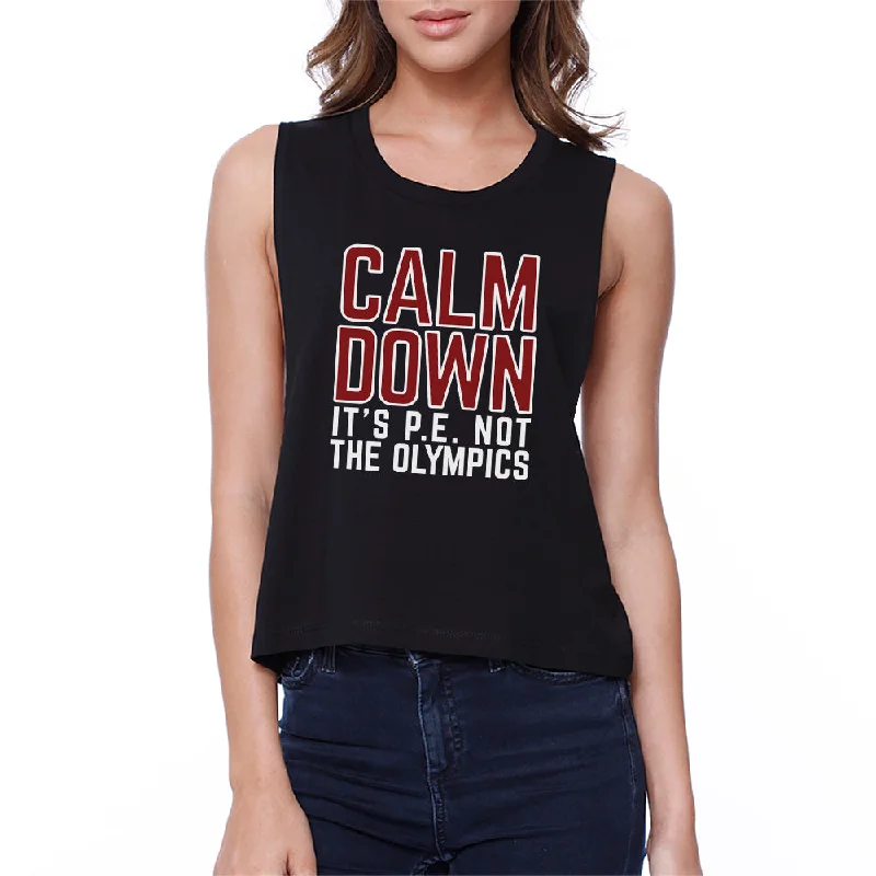 It's PE Not The Olympics Womens Black Crop Top Beaded Sequined Faux Fur