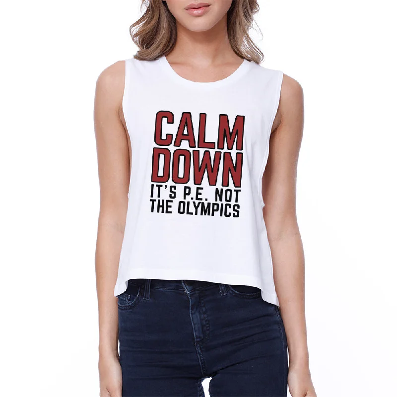 It's PE Not The Olympics Womens White Crop Top Graphic Embroidered Appliqued
