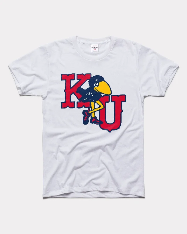 University Of Kansas Marching Jayhawks Vintage White T-Shirt Graphic Embroidered Appliqued University Of Kansas Marching Jayhawks Vintage White T-Shirt Graphic Embroidered Appliqued