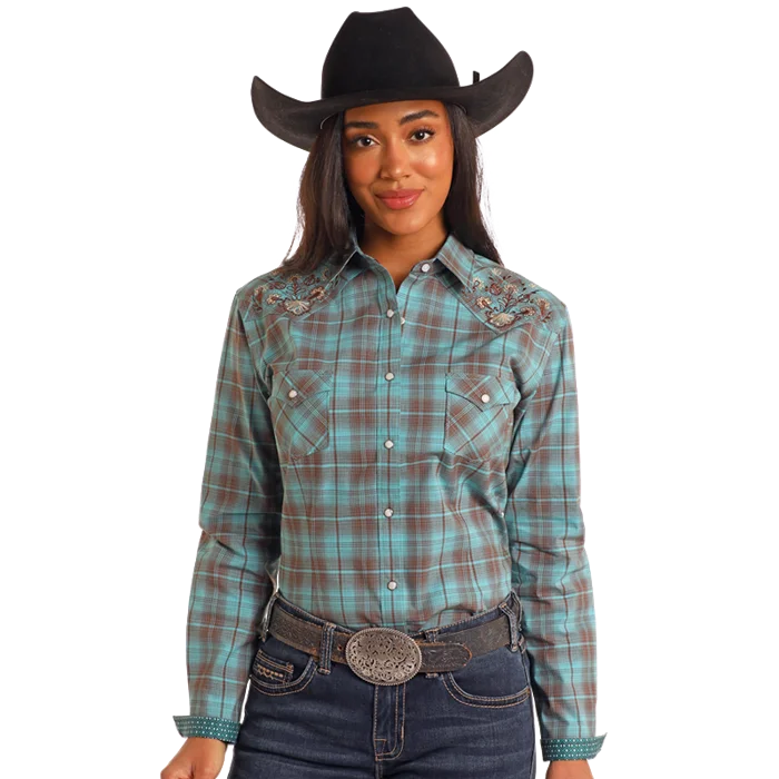 Ladies Long Sleeve Embroidered Turquoise Snap Front Shirt by Panhandle Denim Fabric Leather Fabric Suede Fabric Ladies Long Sleeve Embroidered Turquoise Snap Front Shirt by Panhandle Denim Fabric Leather Fabric Suede Fabric