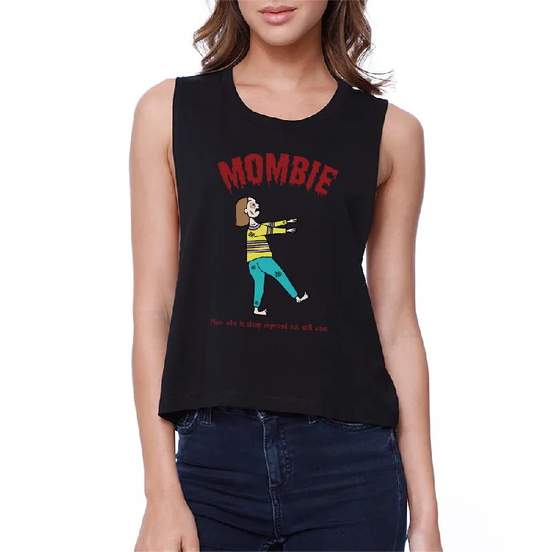 Mombie Sleep Deprived Still Alive Womens Black Crop Top Anti-Pilling Machine Wash Handmade