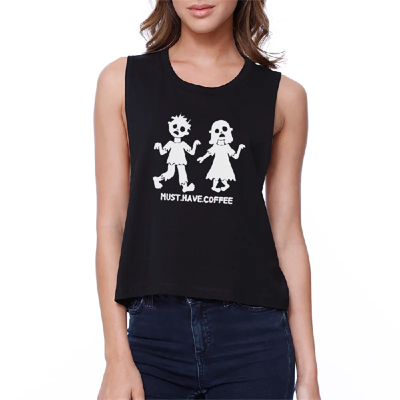 Must Have Coffee Zombies Womens Black Crop Top Zippered Buttoned Snapped