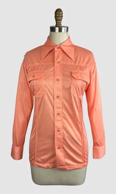 PIERRE FOSHEY 70s Deadstock Apricot Polyester Disco Shirt • Medium Chenille Blend Fleece Blend Nylon Blend PIERRE FOSHEY 70s Deadstock Apricot Polyester Disco Shirt • Medium Chenille Blend Fleece Blend Nylon Blend