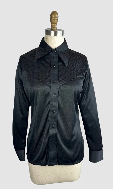 PIERRE FOSHEY 70s Deadstock Black Polyester Disco Shirt • Extra Small Rayon Velvet Corduroy PIERRE FOSHEY 70s Deadstock Black Polyester Disco Shirt • Extra Small Rayon Velvet Corduroy