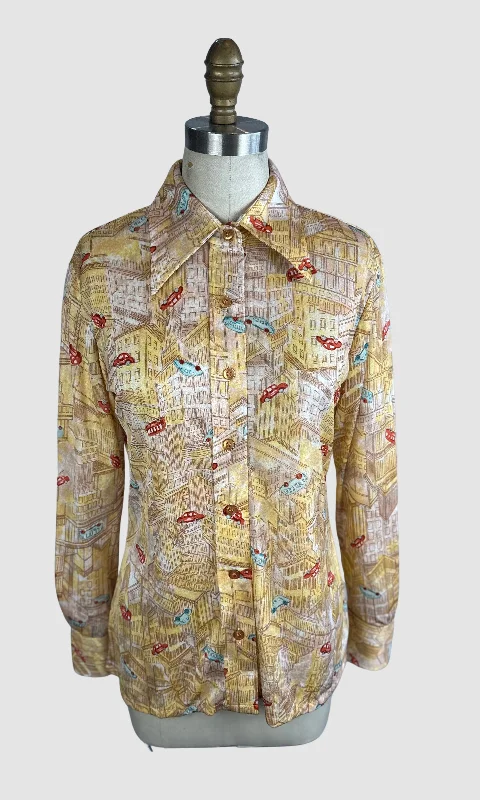 PIERRE FOSHEY 70s Deadstock City Print Polyester Disco Shirt • Medium Modern Contemporary Chic PIERRE FOSHEY 70s Deadstock City Print Polyester Disco Shirt • Medium Modern Contemporary Chic