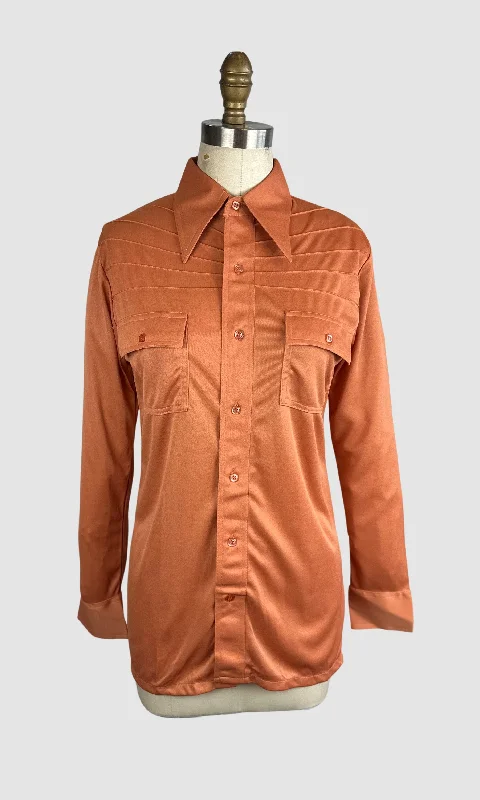 PIERRE FOSHEY 70s Deadstock Orange Polyester Disco Shirt • Large Basic T-Shirt Crew Neck Short Sleeve PIERRE FOSHEY 70s Deadstock Orange Polyester Disco Shirt • Large Basic T-Shirt Crew Neck Short Sleeve