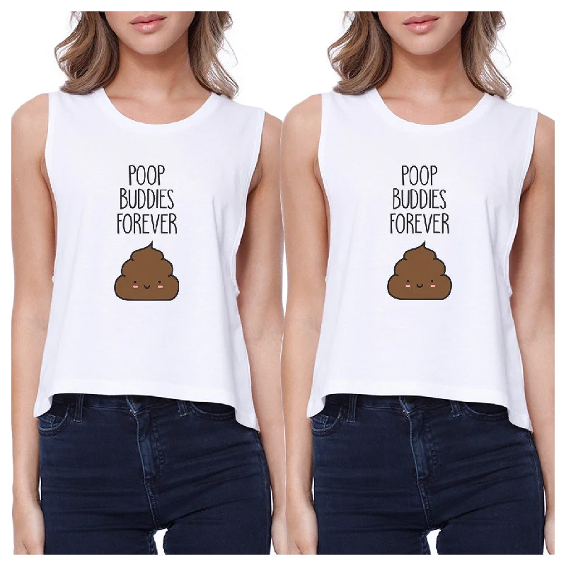 Poop Buddies BFF Matching White Crop Tops Solid Print Embellished
