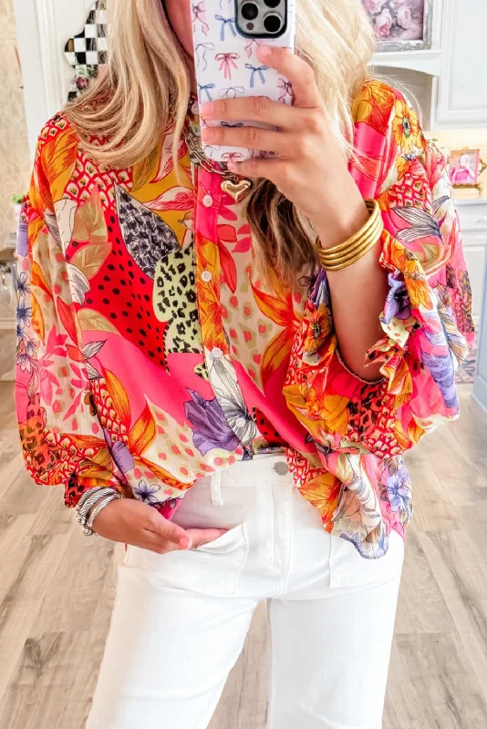 Red Abstract Floral Print Buttoned Ruffle Bubble Sleeve Shirt Spandex Blend Rayon Blend Denim Blend Red Abstract Floral Print Buttoned Ruffle Bubble Sleeve Shirt Spandex Blend Rayon Blend Denim Blend