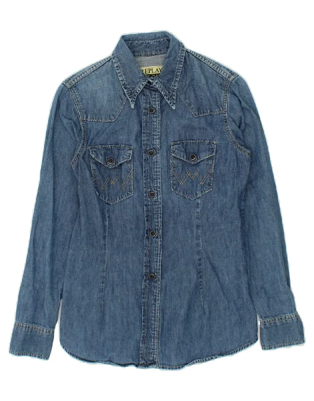 REPLAY Womens Denim Shirt UK 10 Small Blue Cotton Welt Pockets Slit Pockets Flap Pockets REPLAY Womens Denim Shirt UK 10 Small Blue Cotton Welt Pockets Slit Pockets Flap Pockets