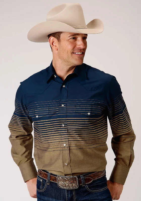 Roper Mens Navy/Khaki Cotton Blend Border Stripe L/S Shirt Spandex Blend Rayon Blend Denim Blend Roper Mens Navy/Khaki Cotton Blend Border Stripe L/S Shirt Spandex Blend Rayon Blend Denim Blend