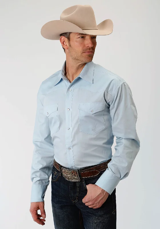 Roper Tall Mens Light Blue 100% Cotton Poplin L/S Shirt Zippered Front Buttoned Front Snap Front Roper Tall Mens Light Blue 100% Cotton Poplin L/S Shirt Zippered Front Buttoned Front Snap Front