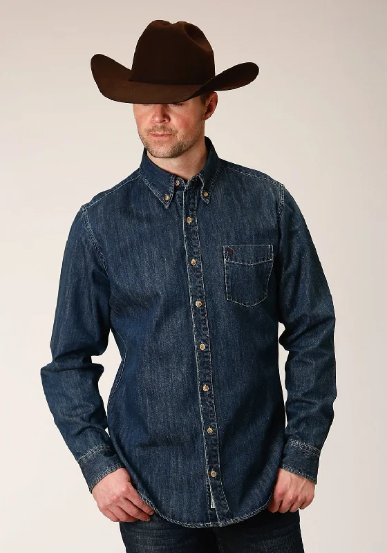 Stetson Mens Medium Blue 100% Cotton Denim BD L/S Shirt Print Jacquard Patchwork