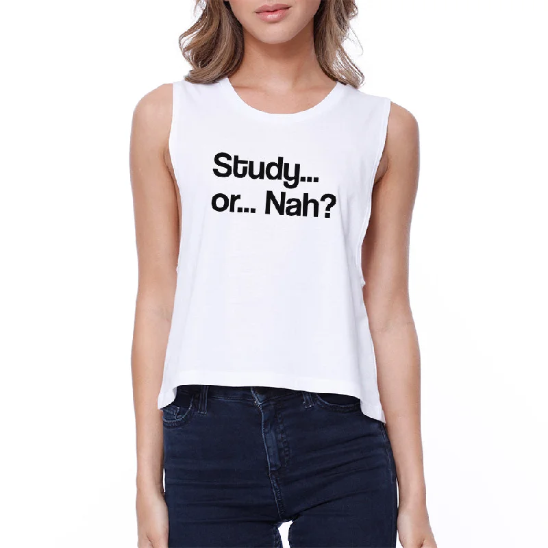 Study Or Nah Womens White Crop Top Front Pockets Side Pockets Patch Pockets