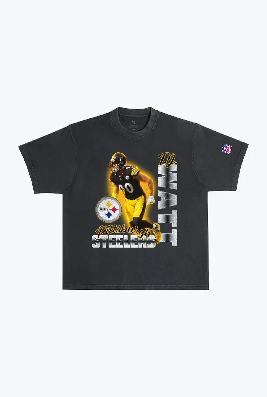 TJ Watt Garment Dyed Heavyweight T-Shirt - Black Embroidered Appliqued Beaded