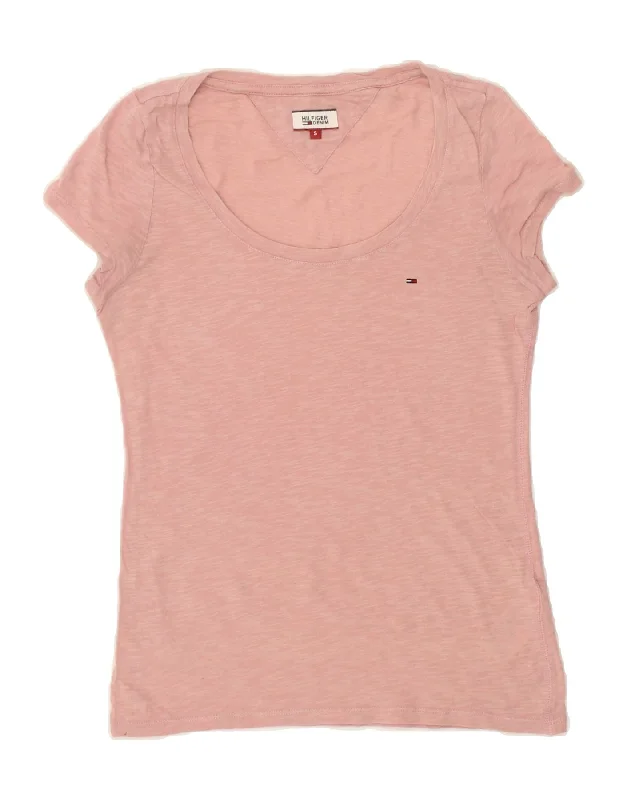 TOMMY HILFIGER Womens T-Shirt Top UK 10 Small Pink Cotton Print Jacquard Patchwork