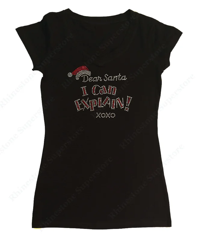 Womens T-shirt with Dear Santa I Can Explain XOXO in Rhinestones Sequined Glittery Shiny Womens T-shirt with Dear Santa I Can Explain XOXO in Rhinestones Sequined Glittery Shiny