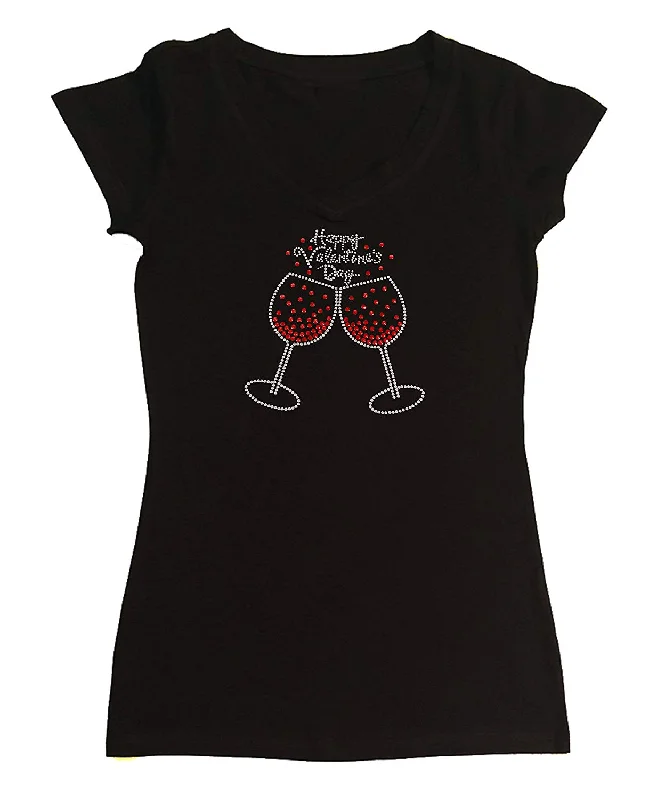 Womens T-shirt with Happy Valentine's Day Wine Cups in Spangles Real Fur Shearling Chenille Womens T-shirt with Happy Valentine's Day Wine Cups in Spangles Real Fur Shearling Chenille