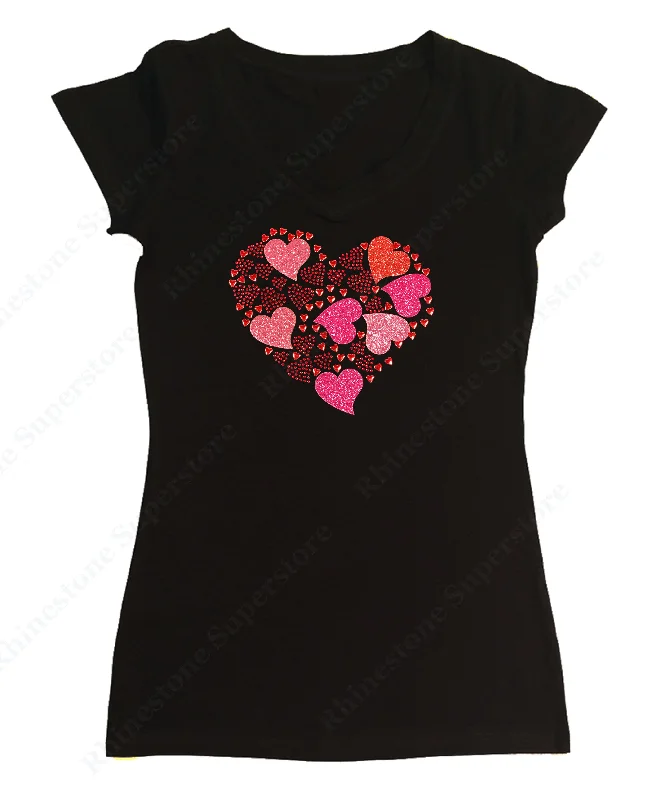 Womens T-shirt with Hearts Collage in Rhinestones and Glitters Plaid T-Shirt Polka Dot Checkered Womens T-shirt with Hearts Collage in Rhinestones and Glitters Plaid T-Shirt Polka Dot Checkered