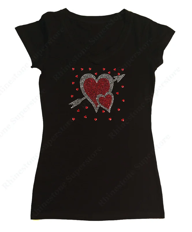 Womens T-shirt with Hearts with Arrow in Rhinestones Fitted T-Shirt Seamless Stretchy Womens T-shirt with Hearts with Arrow in Rhinestones Fitted T-Shirt Seamless Stretchy