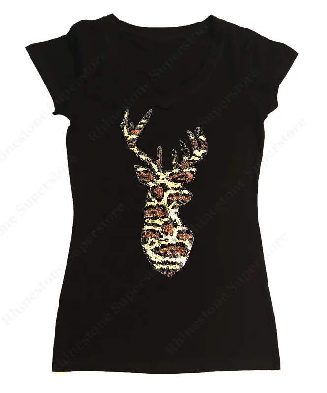 Womens T-shirt with Leopard Print Reindeer in Sequence Knit Fabric Woven Fabric Fleece Fabric Womens T-shirt with Leopard Print Reindeer in Sequence Knit Fabric Woven Fabric Fleece Fabric