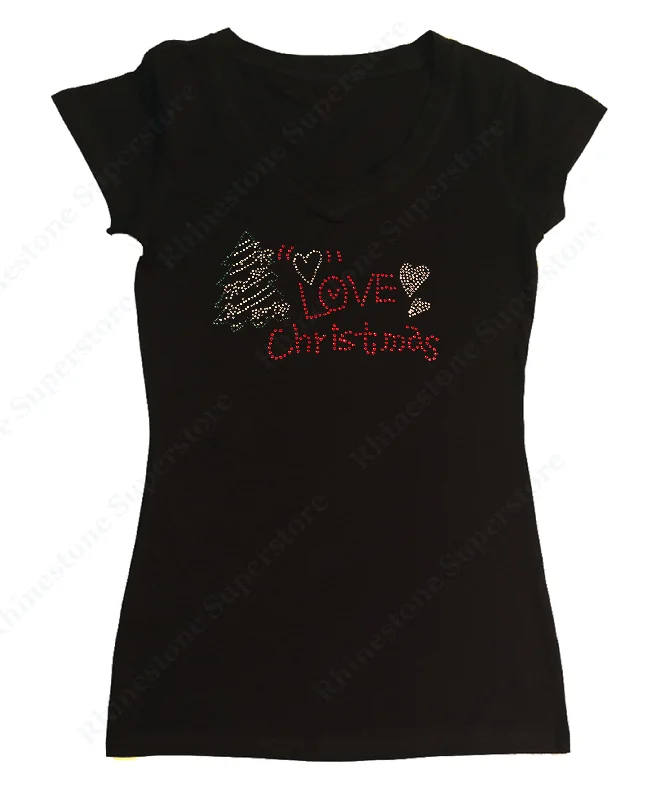 Womens T-shirt with Love Christmas with Tree in Rhinestones Chenille Fabric Brocade Fabric Lace Fabric Womens T-shirt with Love Christmas with Tree in Rhinestones Chenille Fabric Brocade Fabric Lace Fabric