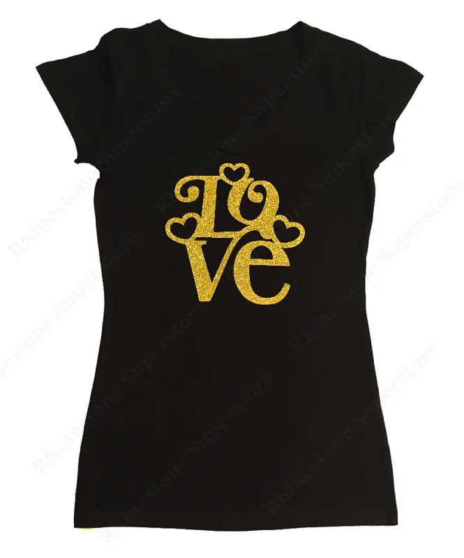 Womens T-shirt with Love with Hearts in Gold Glitters Terry Blend Velvet Blend Canvas Blend Womens T-shirt with Love with Hearts in Gold Glitters Terry Blend Velvet Blend Canvas Blend