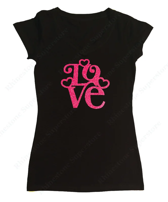Womens T-shirt with Love with Hearts in Pink Glitters Layered Multi-layer Single Layer Womens T-shirt with Love with Hearts in Pink Glitters Layered Multi-layer Single Layer