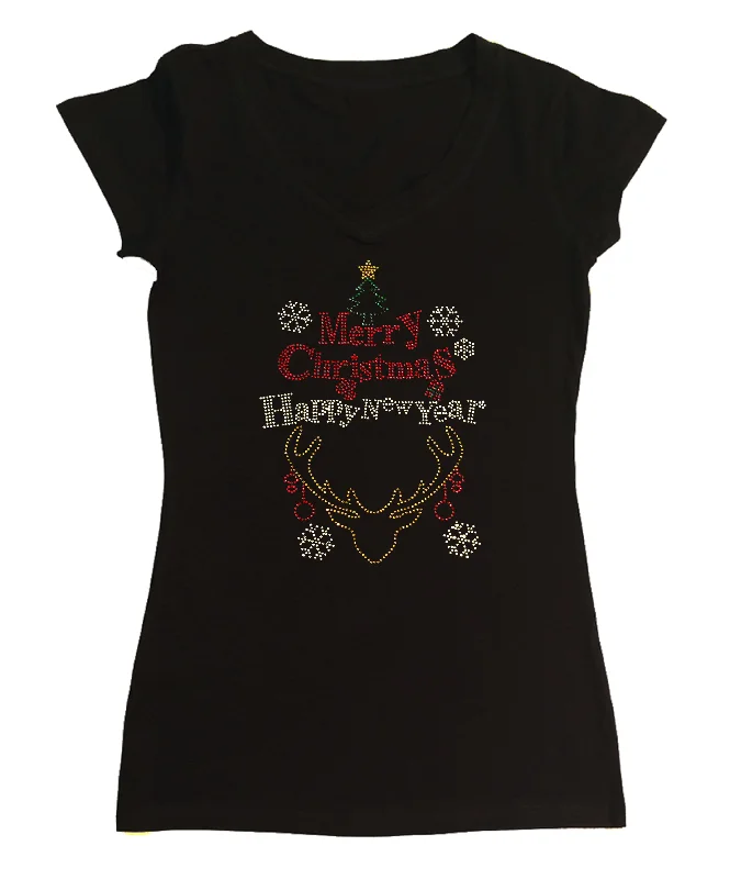 Womens T-shirt with Merry Christmas and Happy New Year in Rhinestones Hooded Caped Shawl Collar Womens T-shirt with Merry Christmas and Happy New Year in Rhinestones Hooded Caped Shawl Collar