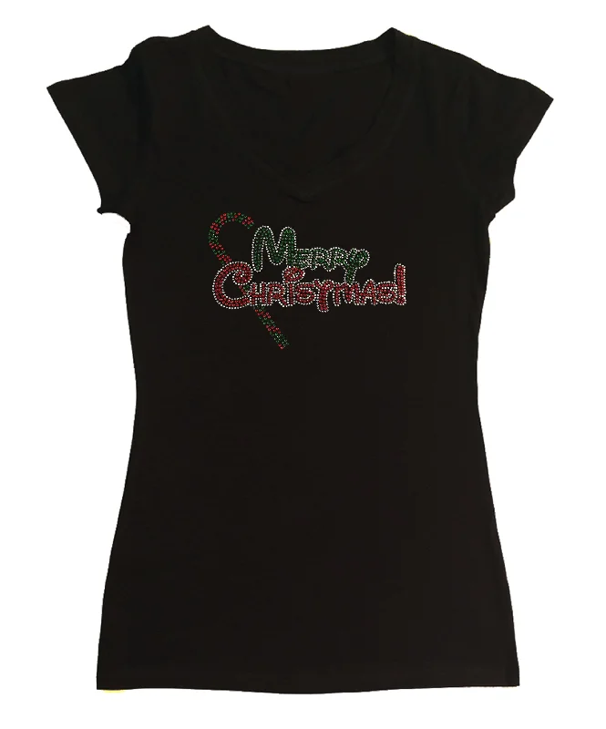 Womens T-shirt with Merry Christmas with Candy Cane in Rhinestones Fitted T-Shirt Seamless Stretchy Womens T-shirt with Merry Christmas with Candy Cane in Rhinestones Fitted T-Shirt Seamless Stretchy