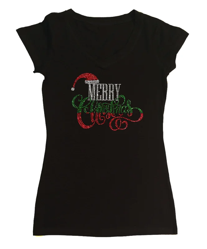 Womens T-shirt with Merry Christmas with Santa Hat in Rhinestones Houndstooth Herringbone Solid Womens T-shirt with Merry Christmas with Santa Hat in Rhinestones Houndstooth Herringbone Solid