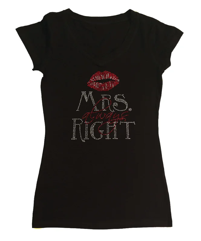 Womens T-shirt with Mrs Always Right with Lips in Rhinestones Fleece Fabric Down Fabric Feather Fabric Womens T-shirt with Mrs Always Right with Lips in Rhinestones Fleece Fabric Down Fabric Feather Fabric