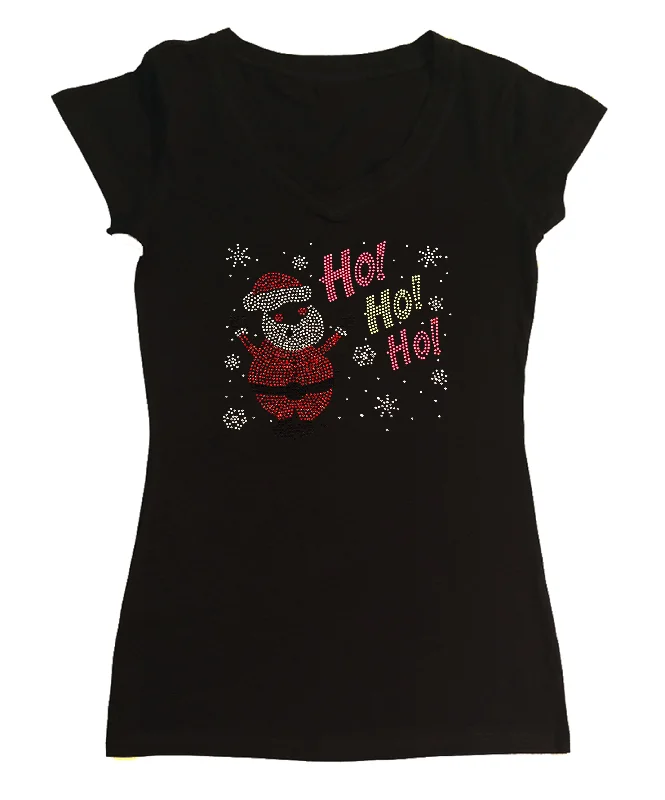 Womens T-shirt with Santa with Ho Ho Ho in Rhinestones Collared Crew Neck Turtle Neck Womens T-shirt with Santa with Ho Ho Ho in Rhinestones Collared Crew Neck Turtle Neck