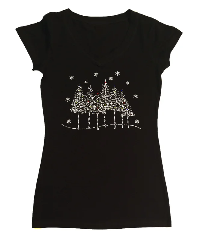 Womens T-shirt with Tree Line Scene with Snowflakes in Rhinestones Polka Dot Checkered Tartan Womens T-shirt with Tree Line Scene with Snowflakes in Rhinestones Polka Dot Checkered Tartan