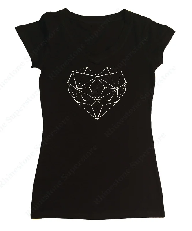 Womens T-shirt with White Heart in Rhinestones Collared Crew Neck Turtle Neck