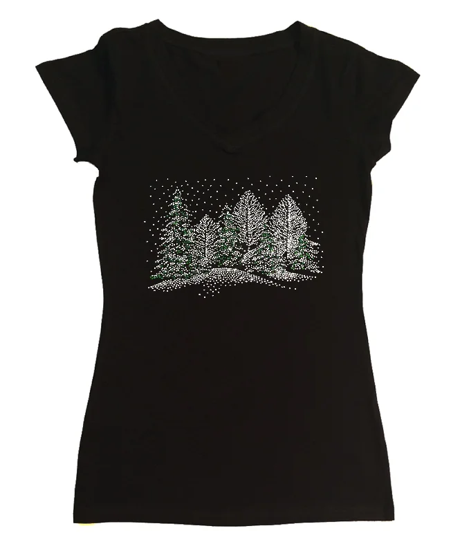 Womens T-shirt with Winter Scene with Snow and Christmas Trees in Rhinestones Iron Safe Non-Iron Wrinkle Free Womens T-shirt with Winter Scene with Snow and Christmas Trees in Rhinestones Iron Safe Non-Iron Wrinkle Free