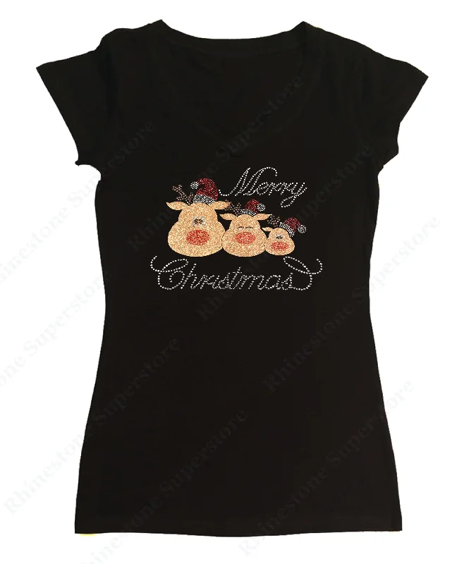 Womens T-shirt with Merry Christmas 3 Reindeer in Glitters and Rhinestones Lace Blend Ribbed Blend Corduroy Blend Womens T-shirt with Merry Christmas 3 Reindeer in Glitters and Rhinestones Lace Blend Ribbed Blend Corduroy Blend