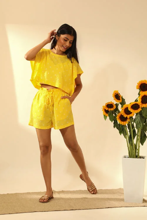 Bandhani Side Open Crop Top In Electric Yellow Silk Blend Satin Velvet