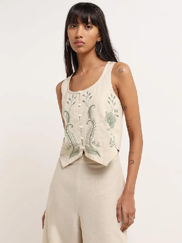 Bombay Paisley Off-White Embroidered Cotton Crop Top Zippered Front Buttoned Front Snap Front Bombay Paisley Off-White Embroidered Cotton Crop Top Zippered Front Buttoned Front Snap Front