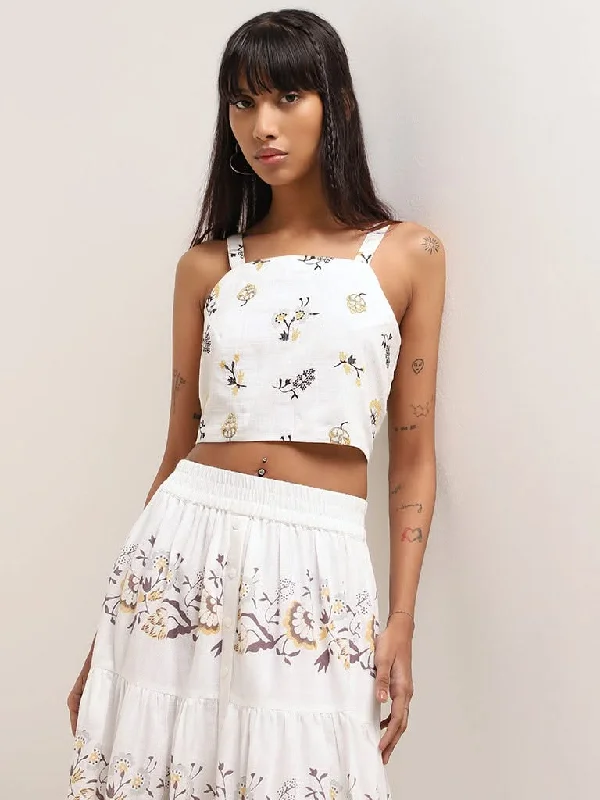 Bombay Paisley White Floral Embroidered Cotton Crop Top Notch Collar Peter Pan Collar Cowl Neck Bombay Paisley White Floral Embroidered Cotton Crop Top Notch Collar Peter Pan Collar Cowl Neck