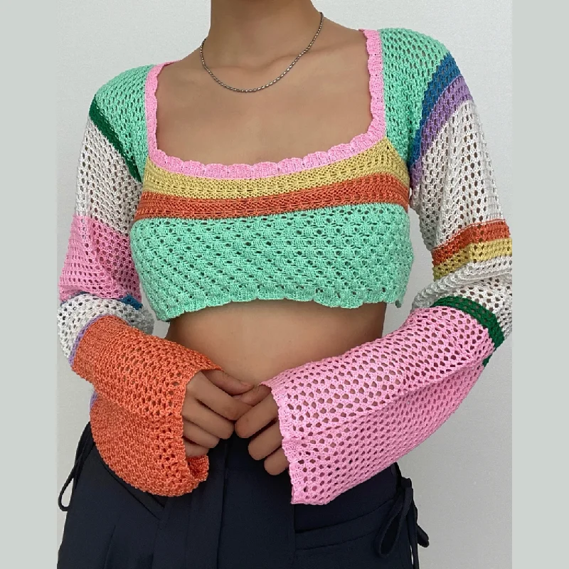 Crochet knit long sleeve contrast square neck crop top Notch Collar Peter Pan Collar Cowl Neck