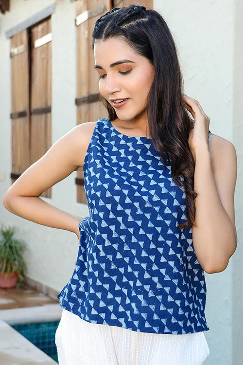 Dharan Cotton "Crop Top" Indigo Block Printed Top Handmade Hand-knitted Hand-woven