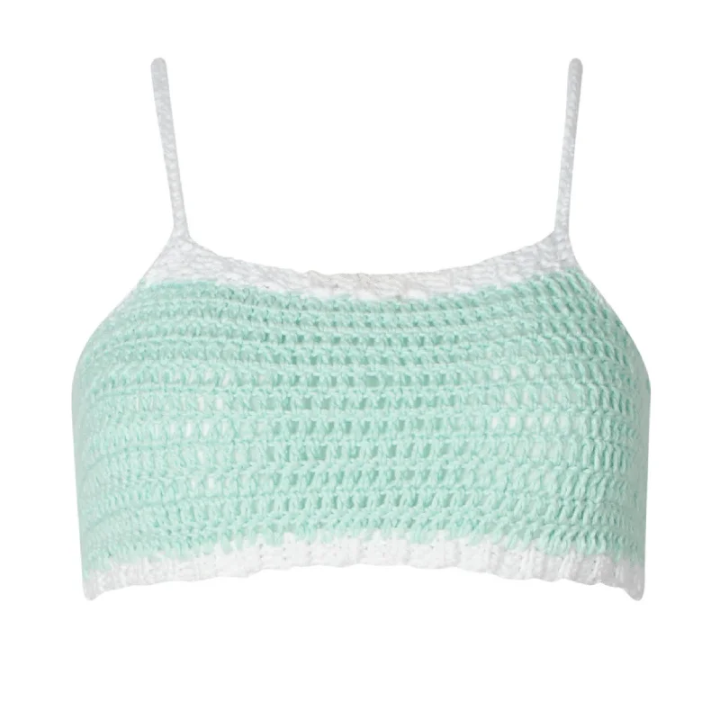 Gia Pastel Green Crochet Crop Top Solid Color Striped Floral
