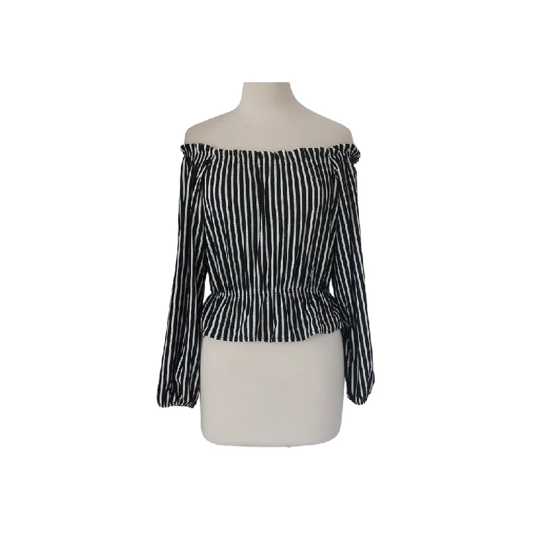 H&M Black & White Striped Off-shoulder Crop Top | Pre Loved | Graphic Embroidered Appliqued H&M Black & White Striped Off-shoulder Crop Top | Pre Loved | Graphic Embroidered Appliqued