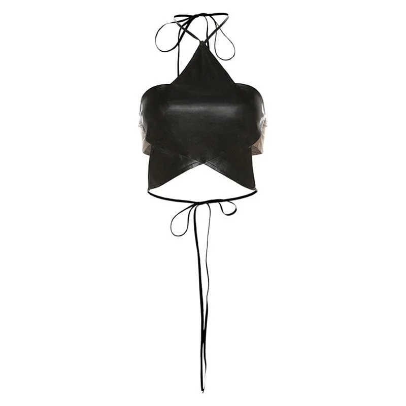Halter PU leather star pattern backless crop top Sequined Glittery Shiny