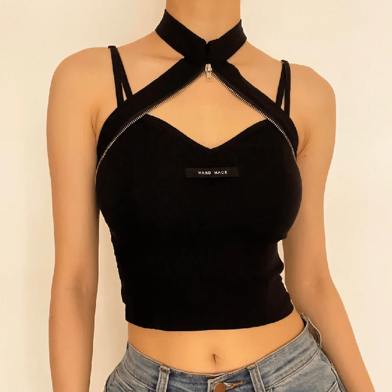 Heart neck zip halter crop top Satin Blend Silk Blend Wool Blend
